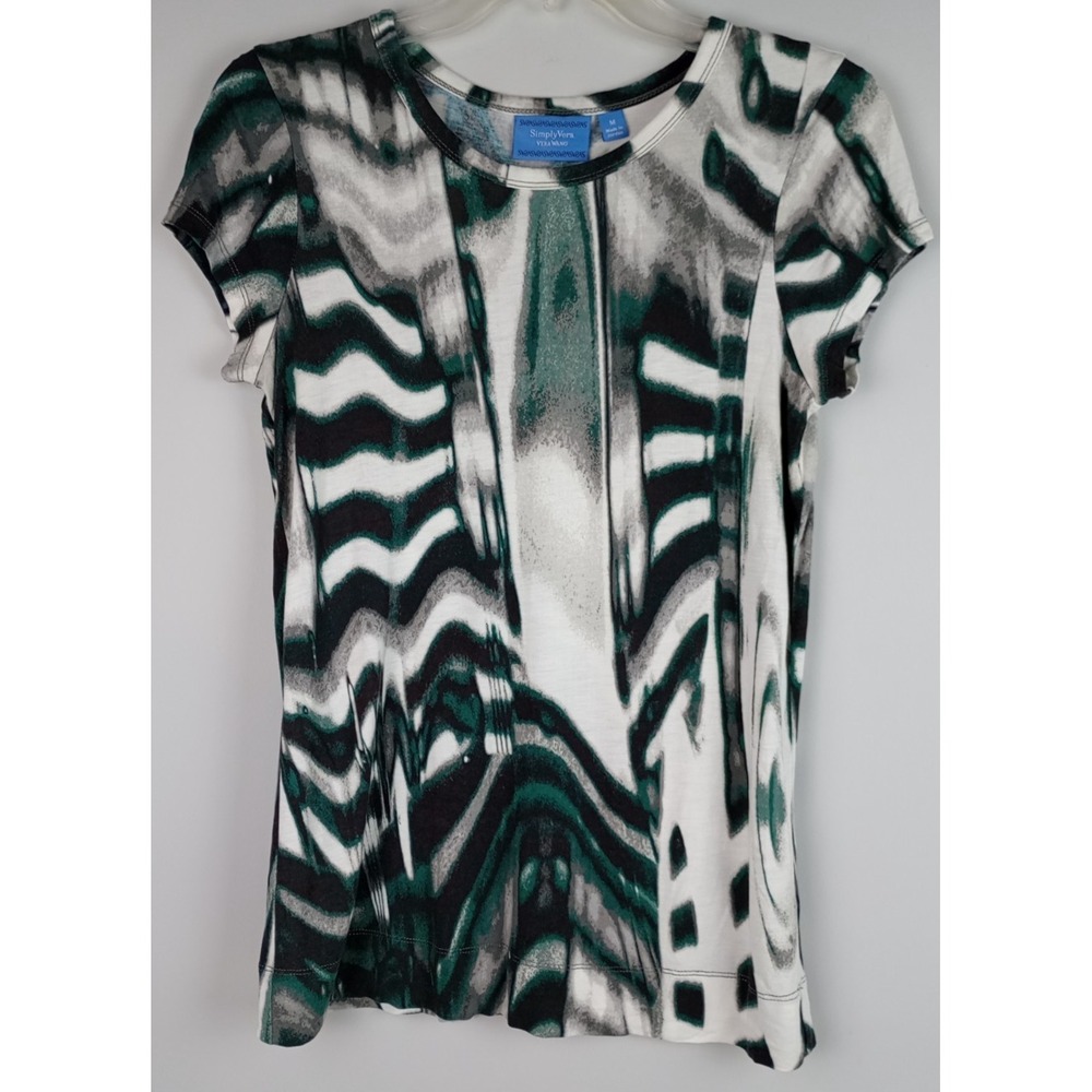 Vera Wang Simply Vera Womens M Black White Green Marbled Cap Sleeve Blouse Shirt